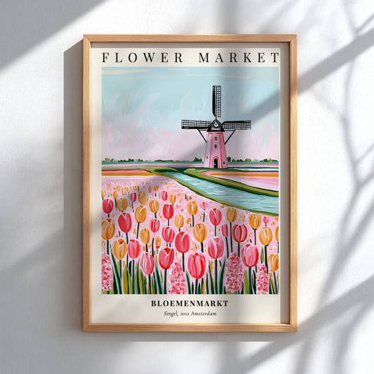 Flower market poster featuring tulips and a windmill in pastel colors