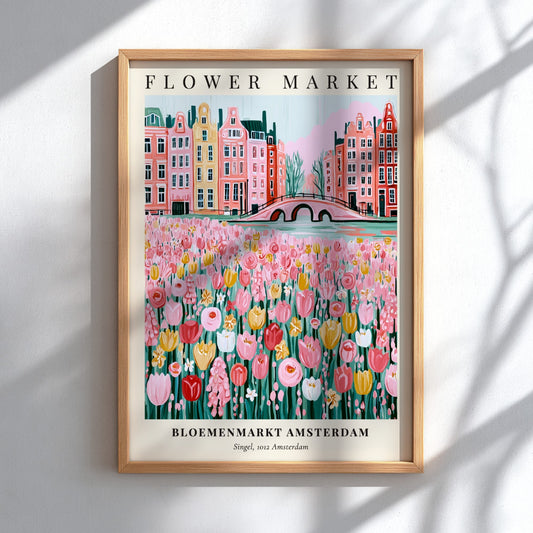 Flower market artwork featuring colorful tulips and Amsterdam canal houses in a whimsical style