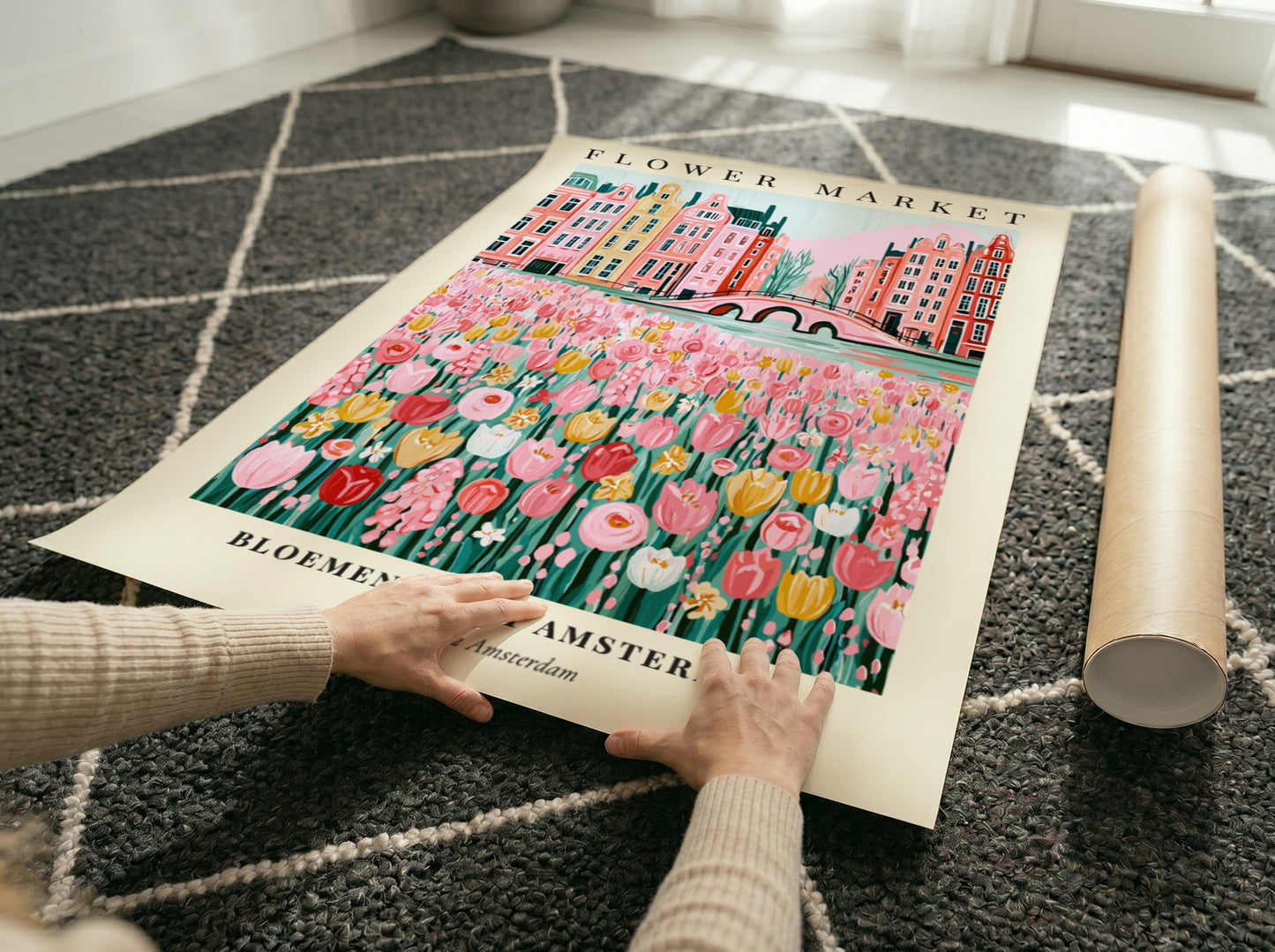 Flower market artwork featuring colorful tulips and Amsterdam canal houses in a whimsical style