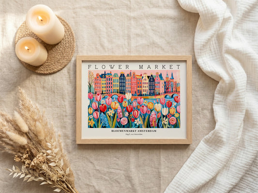 Flower market poster featuring colorful tulips and Amsterdam buildings in a vibrant style