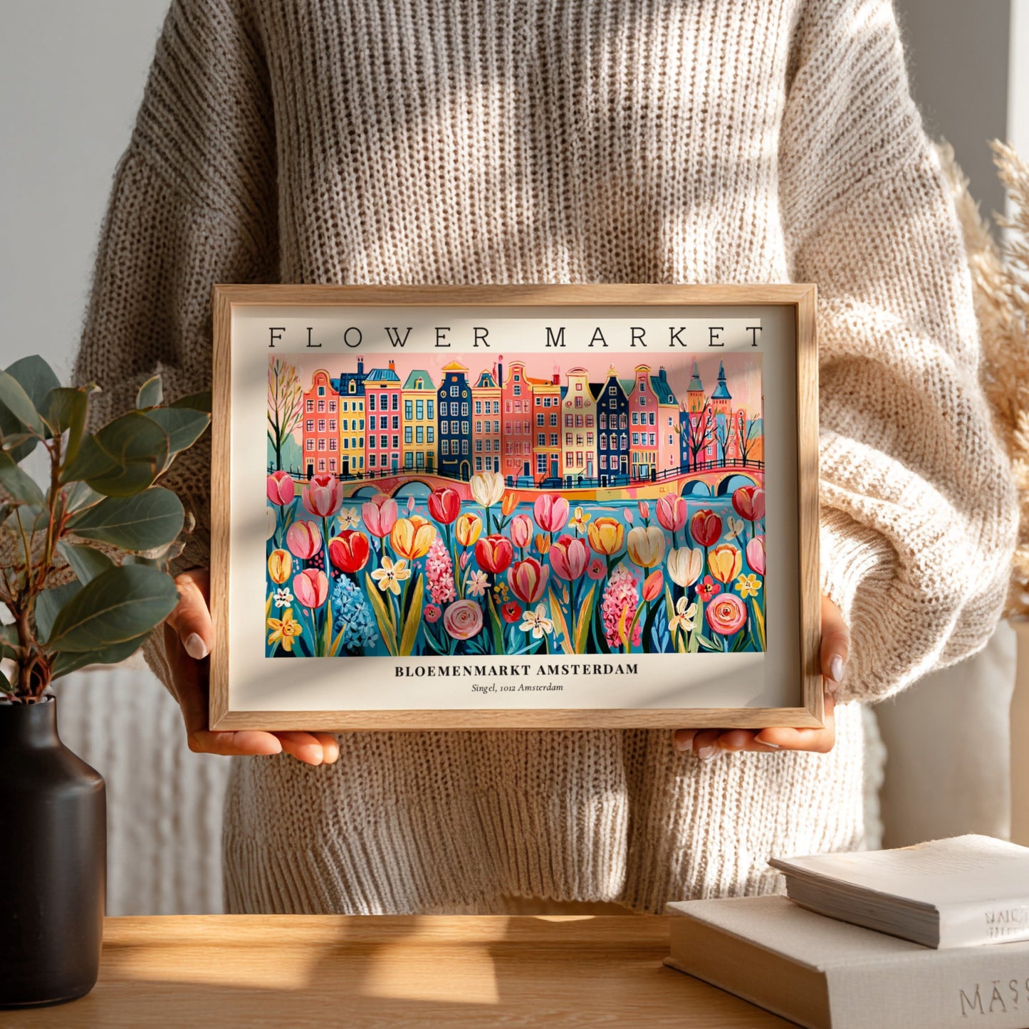 Flower market poster featuring colorful tulips and Amsterdam buildings in a vibrant style