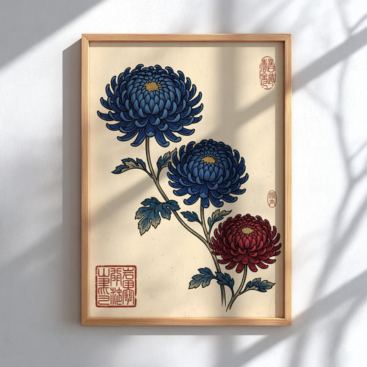 Japanese art style poster featuring blue and red chrysanthemums flowers