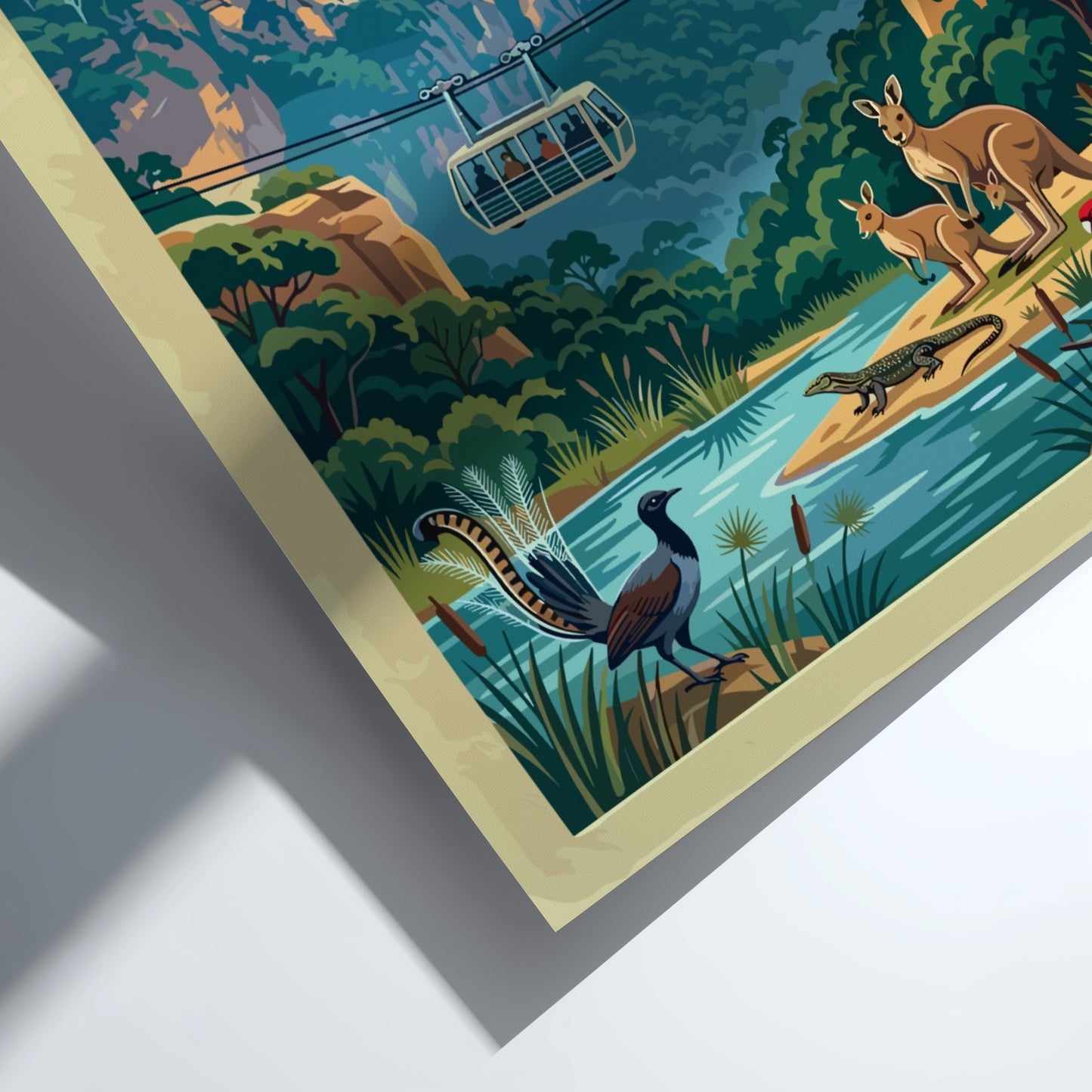 Australia travel poster featuring the Blue Mountains with cable car and native wildlife