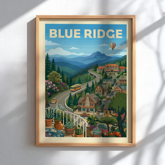 Stylized vintage poster of the Blue Ridge Mountains with a winding road, houses, and a hot air balloon.