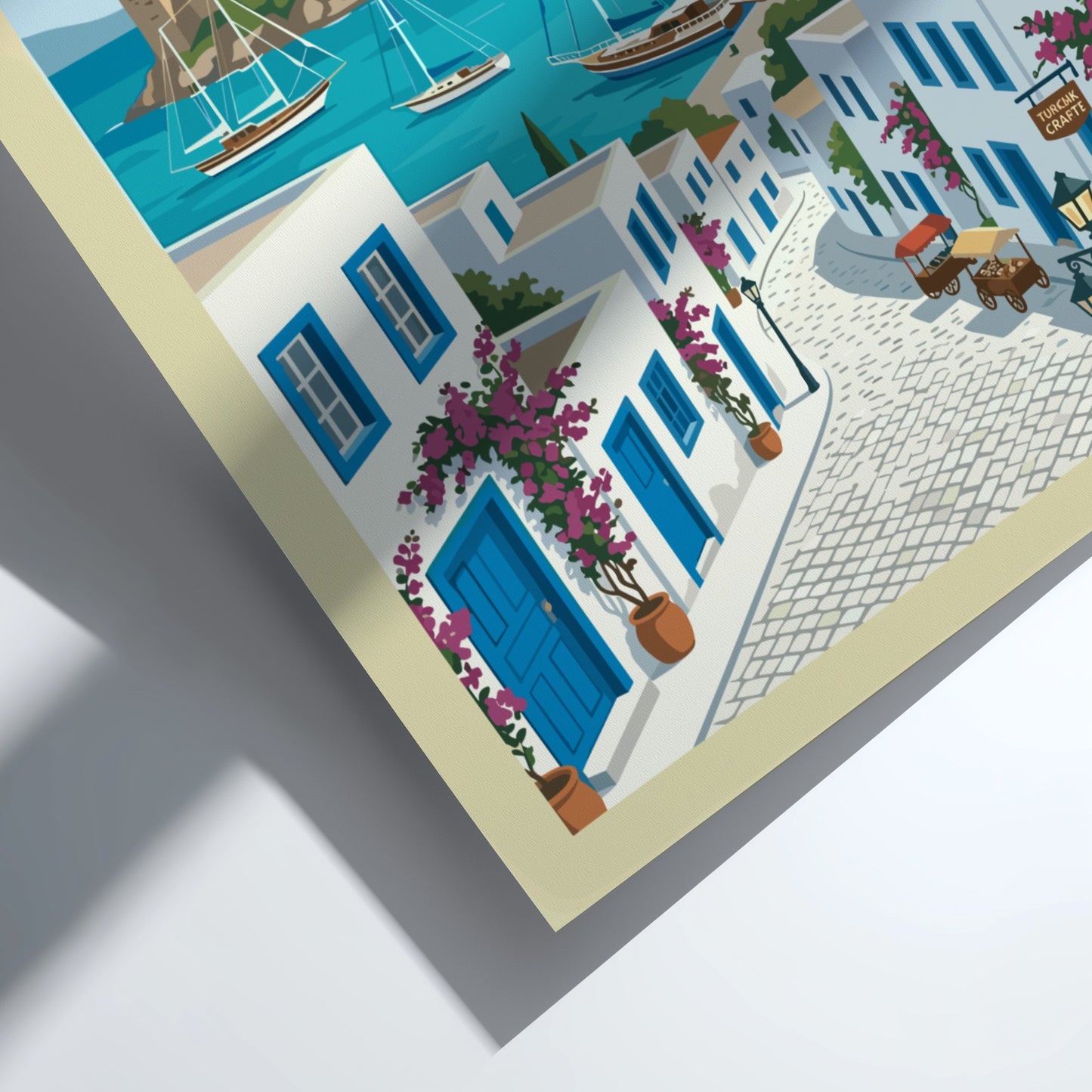 Retro Bodrum travel poster featuring a castle, harbor with sailboats, and whitewashed buildings.