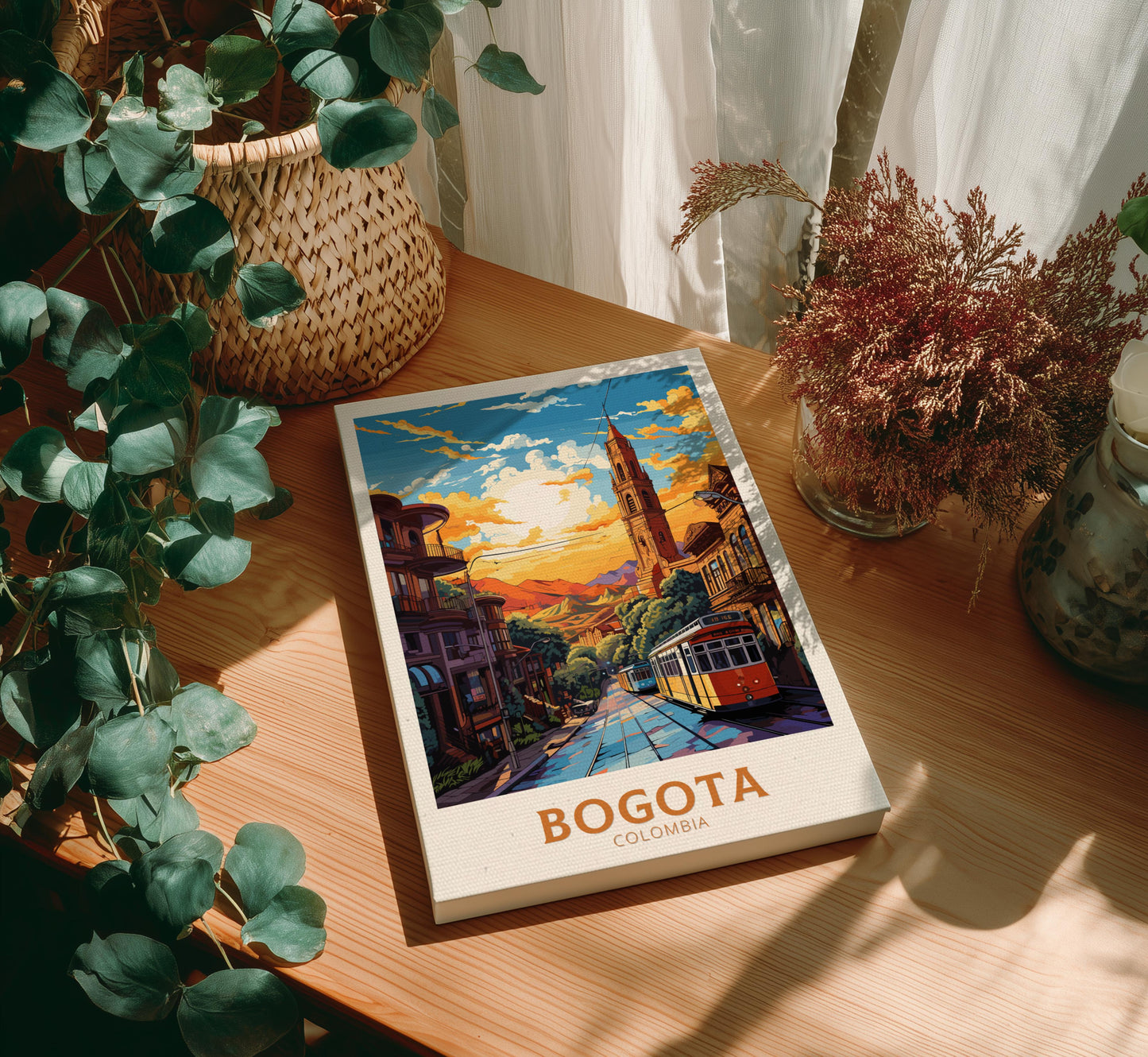 Canvas of 'Bogota Colombia' on a wooden table with plants