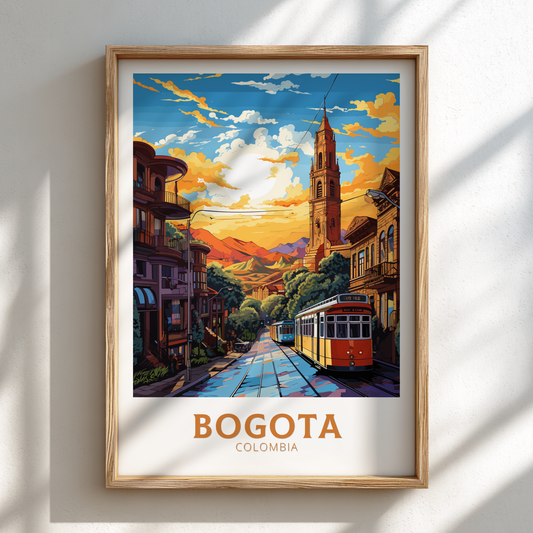 Framed artwork of Bogota, Colombia with a street scene and church tower.