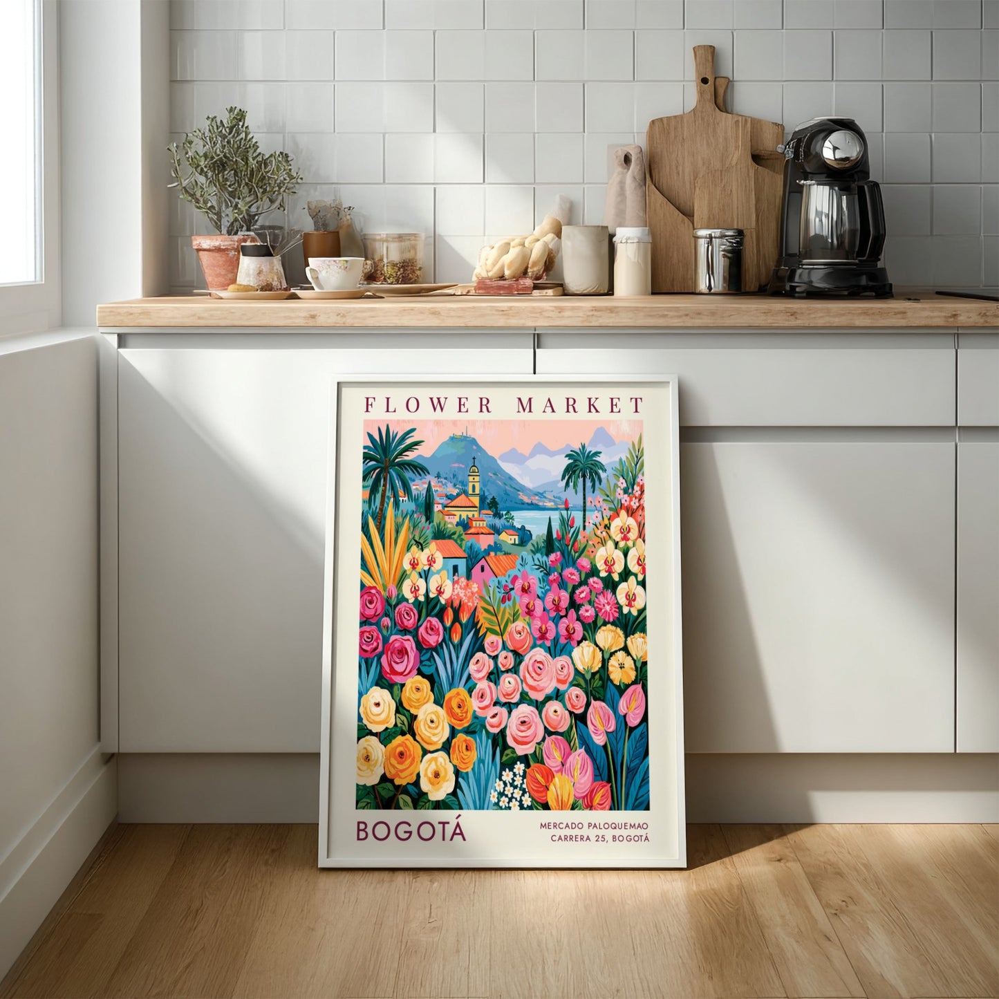 Flower market poster featuring vibrant colors and cityscape of Bogotá