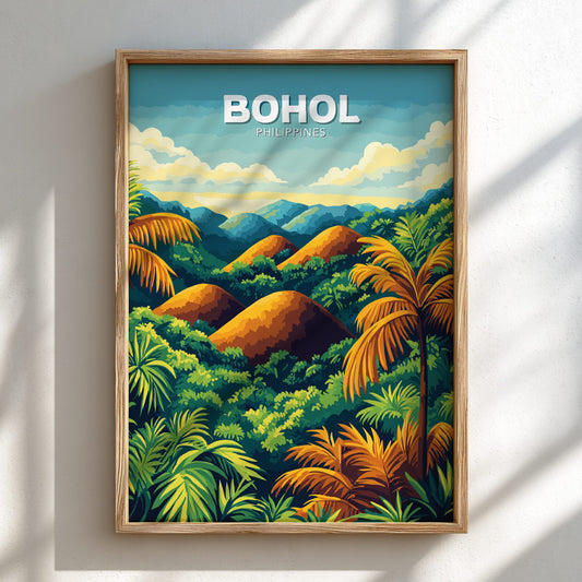 Framed artwork of Bohol, Philippines with a tropical landscape.