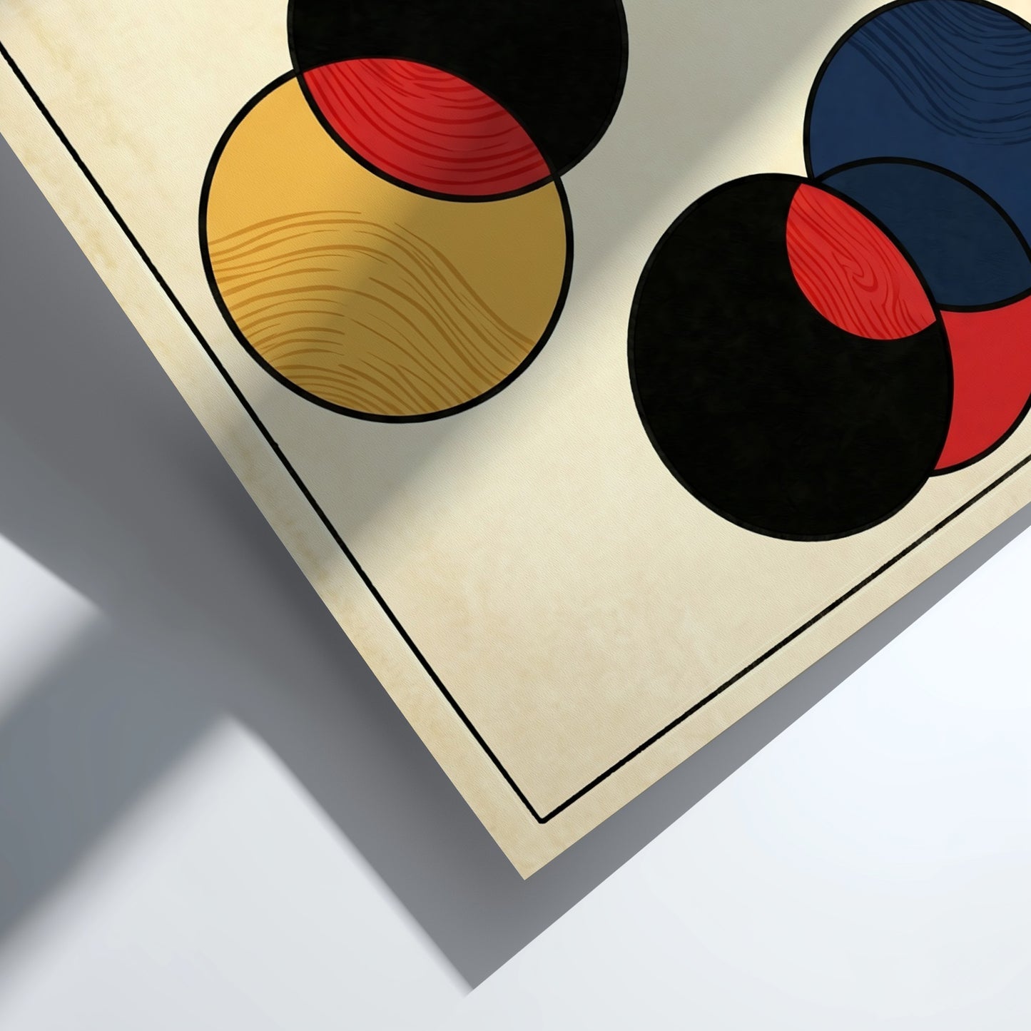 Japanese art style poster featuring bold abstract circles in red, black, and blue.
