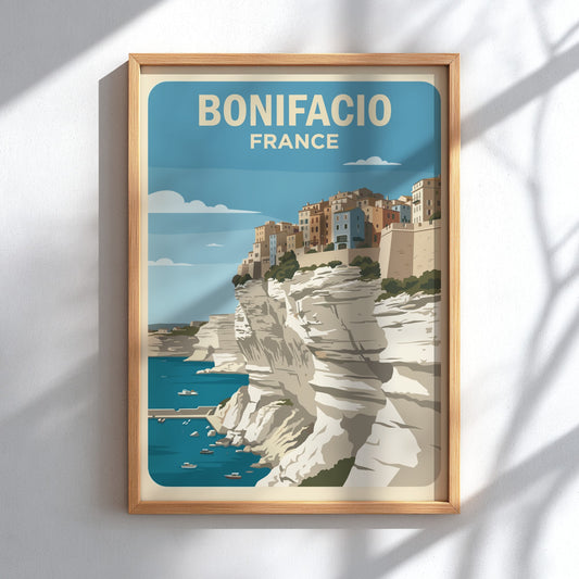 Poster of Bonifacio France featuring colourful buildings perched on steep white limestone cliffs above.