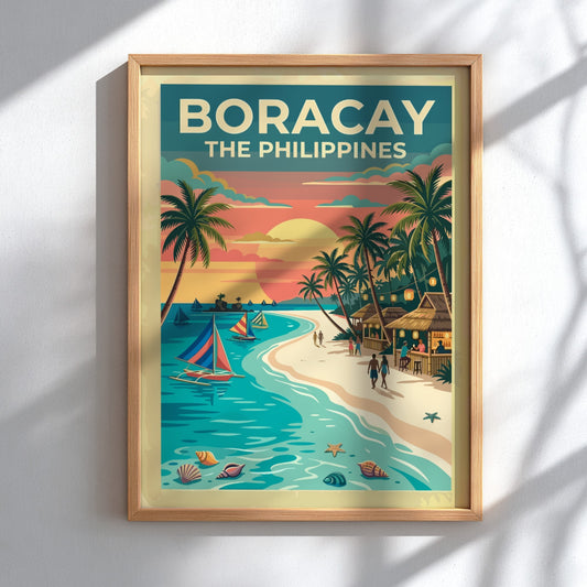 Travel poster of Boracay The Philippines featuring sailboats at sunset with palm trees