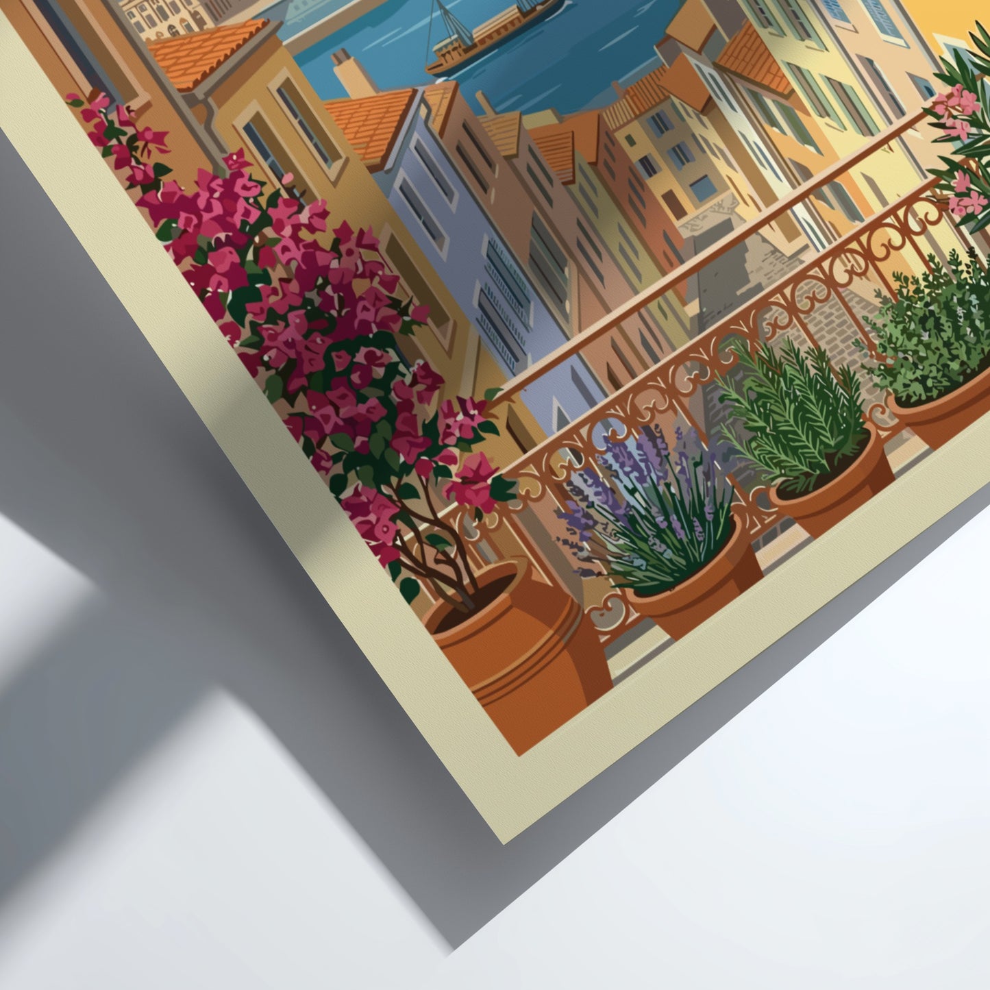Bordeaux travel poster featuring a colorful cityscape with a river and balcony plants.