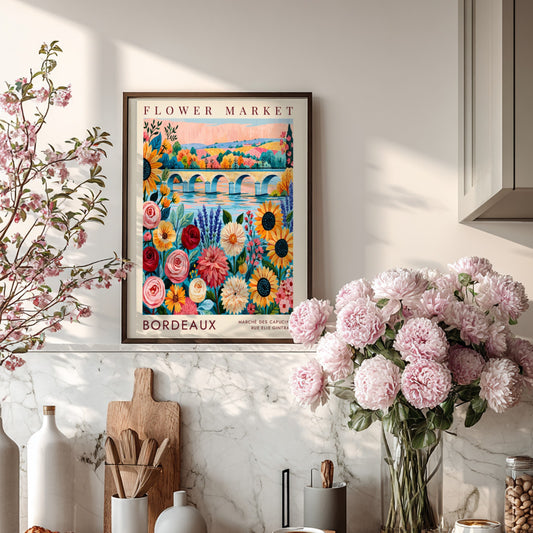 Bordeaux flower market poster featuring colorful blooms and a scenic city landscape