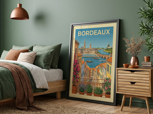 Bordeaux travel poster featuring a colorful cityscape with a river and balcony plants.