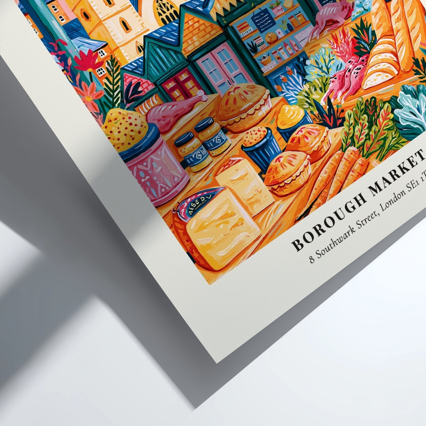 Borough Market poster featuring vibrant colors and market stalls in London