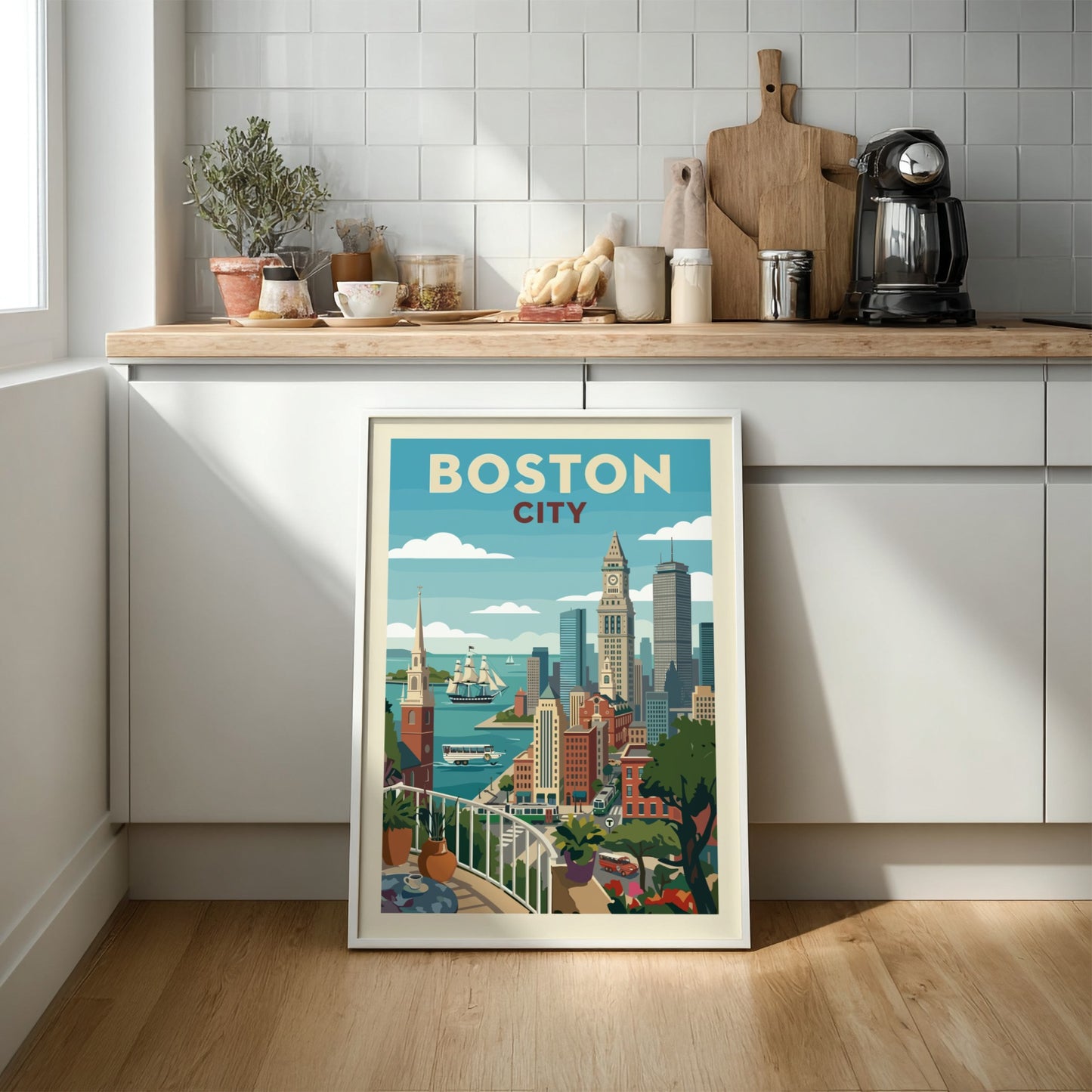 Vintage Boston City skyline poster with a sailing ship and trolley in a retro art style.