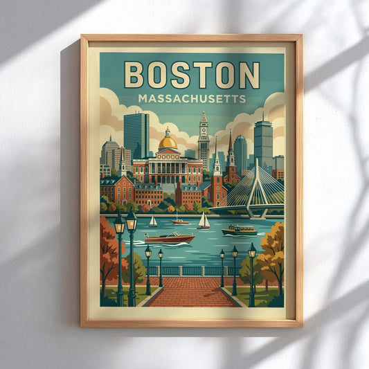 Retro travel poster of the Boston skyline with buildings and river, in a vintage color palette.