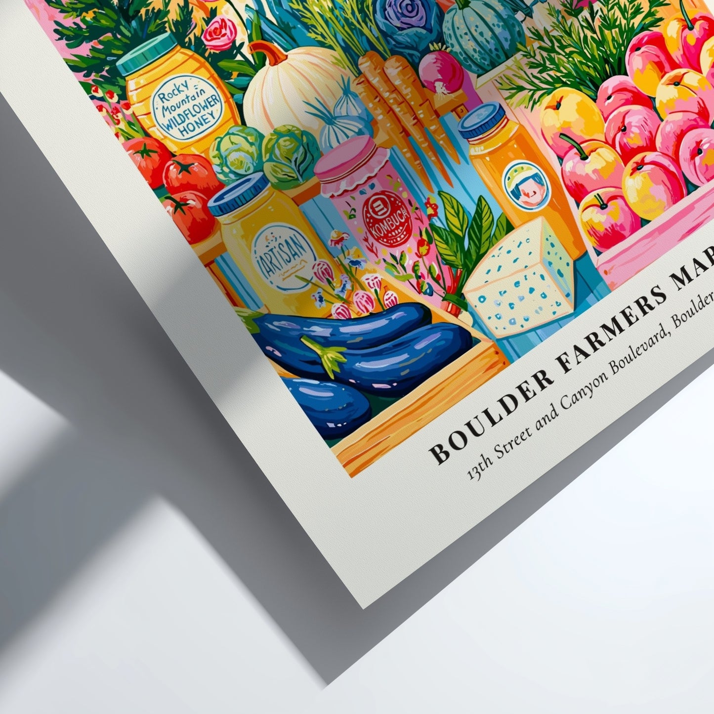 Boulder Farmers Market poster featuring colorful produce and flowers in a vibrant style