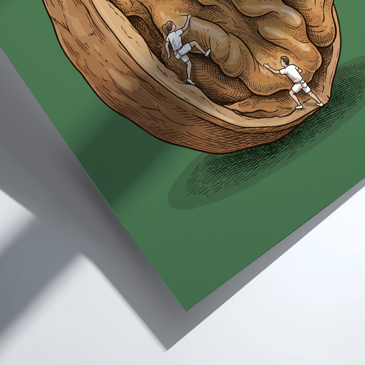 Poster featuring three tiny climbers scaling the textured surface of a large walnut shell.