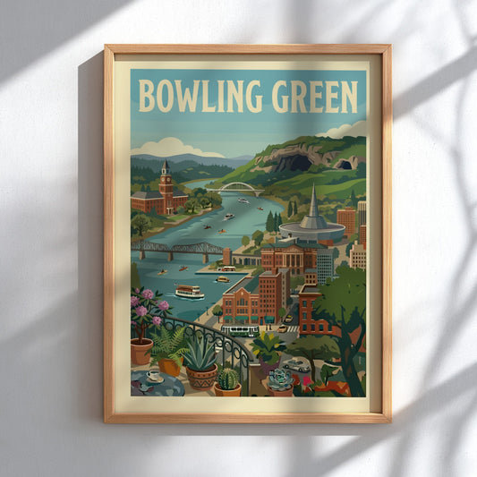 Retro illustration poster of Bowling Green cityscape with river, buildings, and hills.