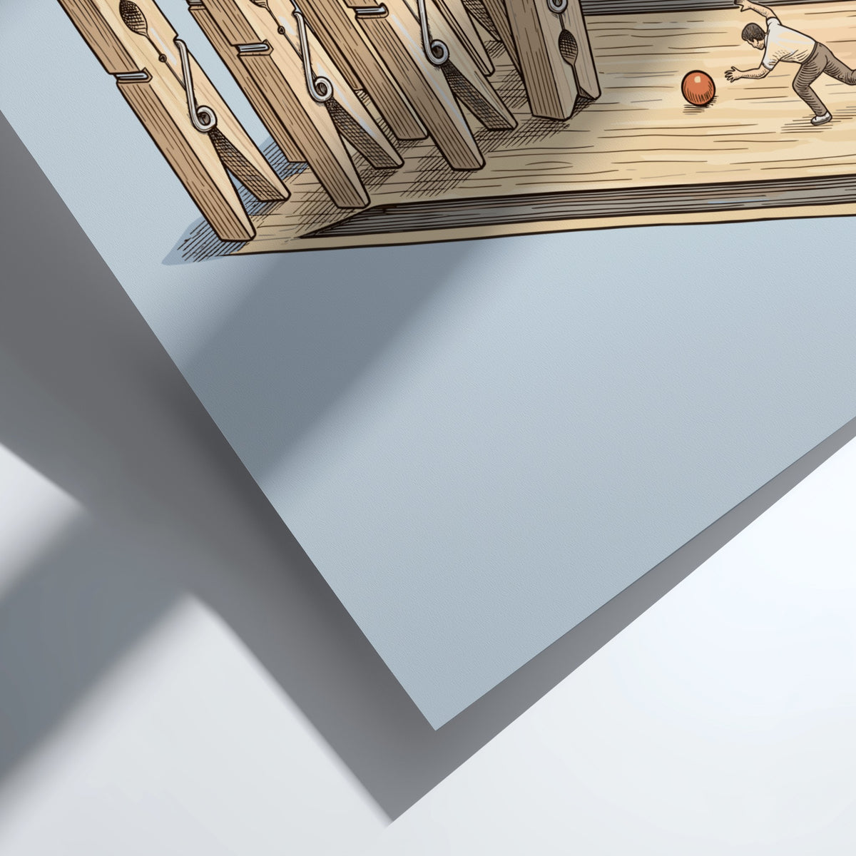 Poster featuring a man bowling with wooden clothespins on a polished wooden floor