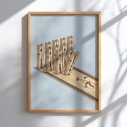 Poster featuring a man bowling with wooden clothespins on a polished wooden floor
