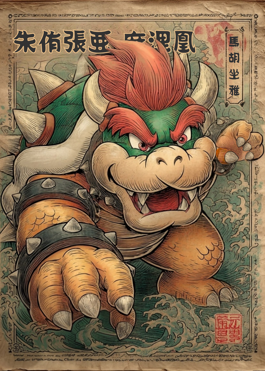 King Bowser character with a stylized, possibly traditional design on a textured background