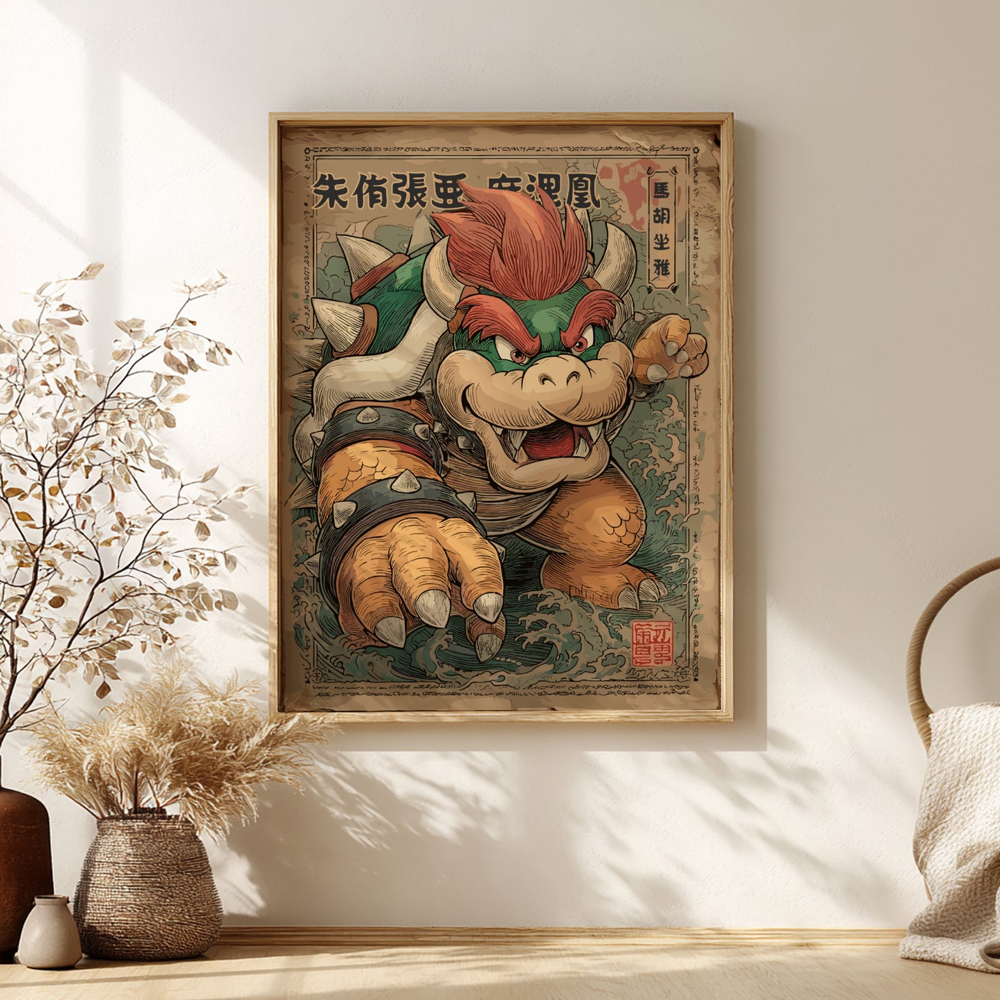 Framed artwork of King Bowser on a wall with decorative elements.