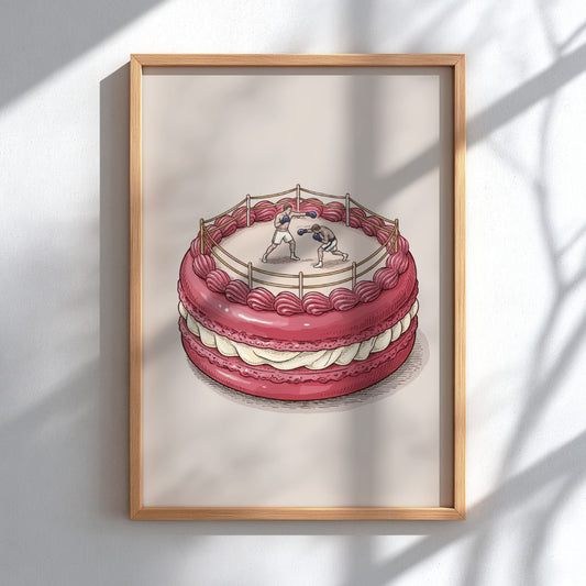 Poster featuring two boxers sparring inside a ring on top of a macaron