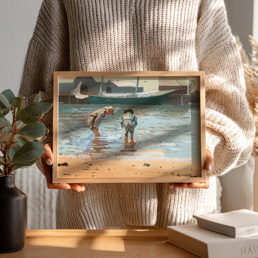 Winslow Homer's 'Boys Wading' drawing, featuring two children in shallow water, rendered in a classic art