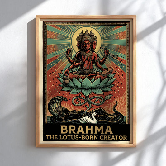 Poster of Brahma the Lotus-Born Creator featuring a four-faced deity on a lotus.