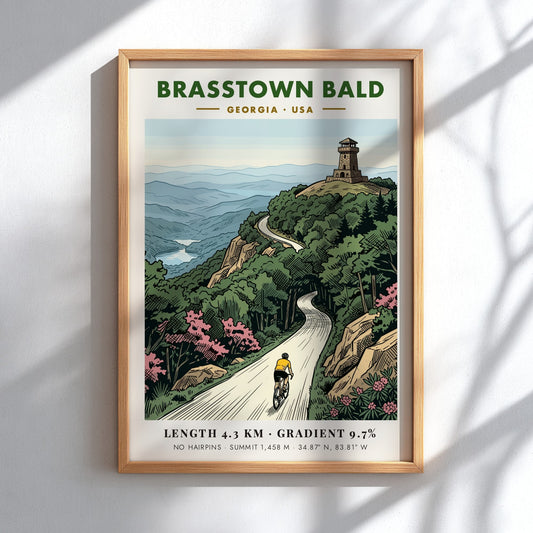Poster of a cyclist climbing toward the Brasstown Bald stone tower in Georgia mountains.