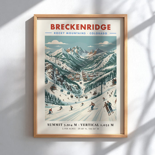 Breckenridge ski resort poster featuring vintage style artwork of skiers and mountains in vibrant colors