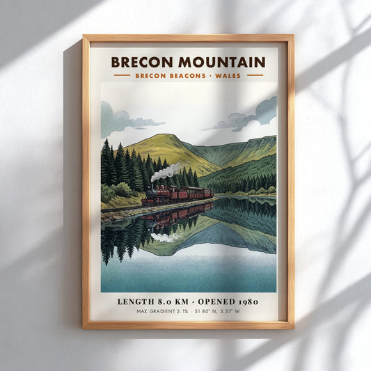 Poster featuring a steam train in the Brecon Beacons with a mountain reflection.