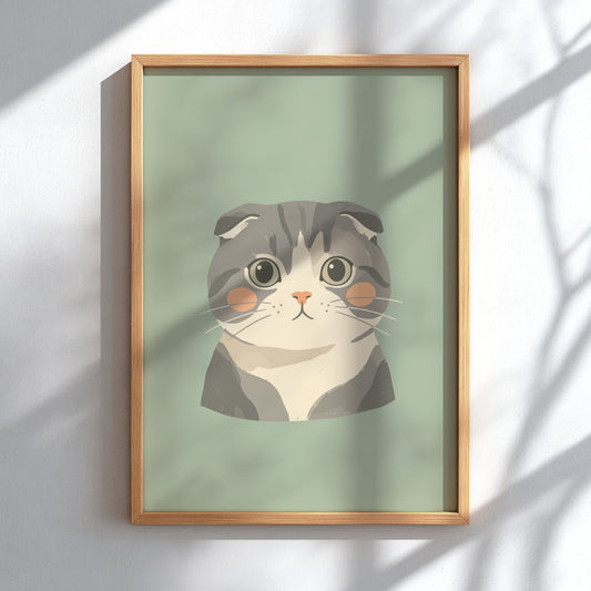 Poster featuring a cute Scottish Fold cat illustration with grey fur and pink cheeks