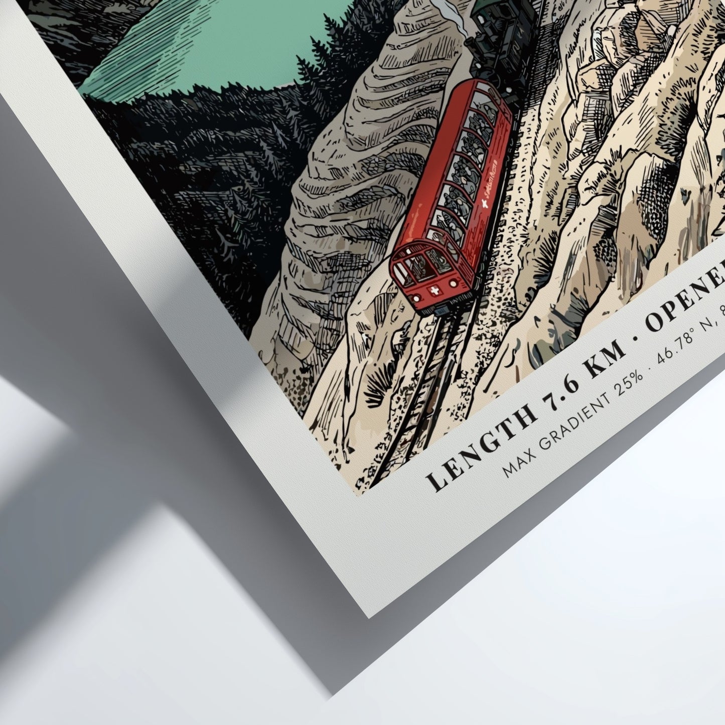 Poster of a red steam train climbing the rocky Brienz Rothorn mountain in Switzerland.