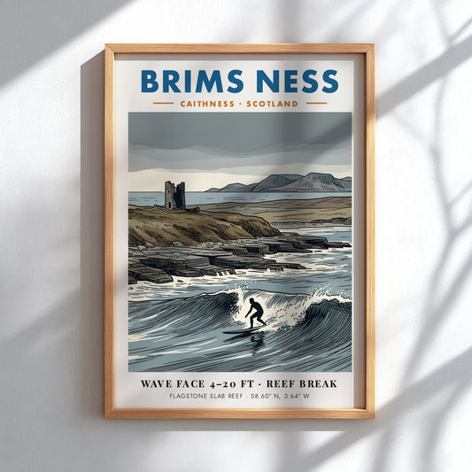 Poster showing a lone surfer on a wave at Brims Ness in Scotland.