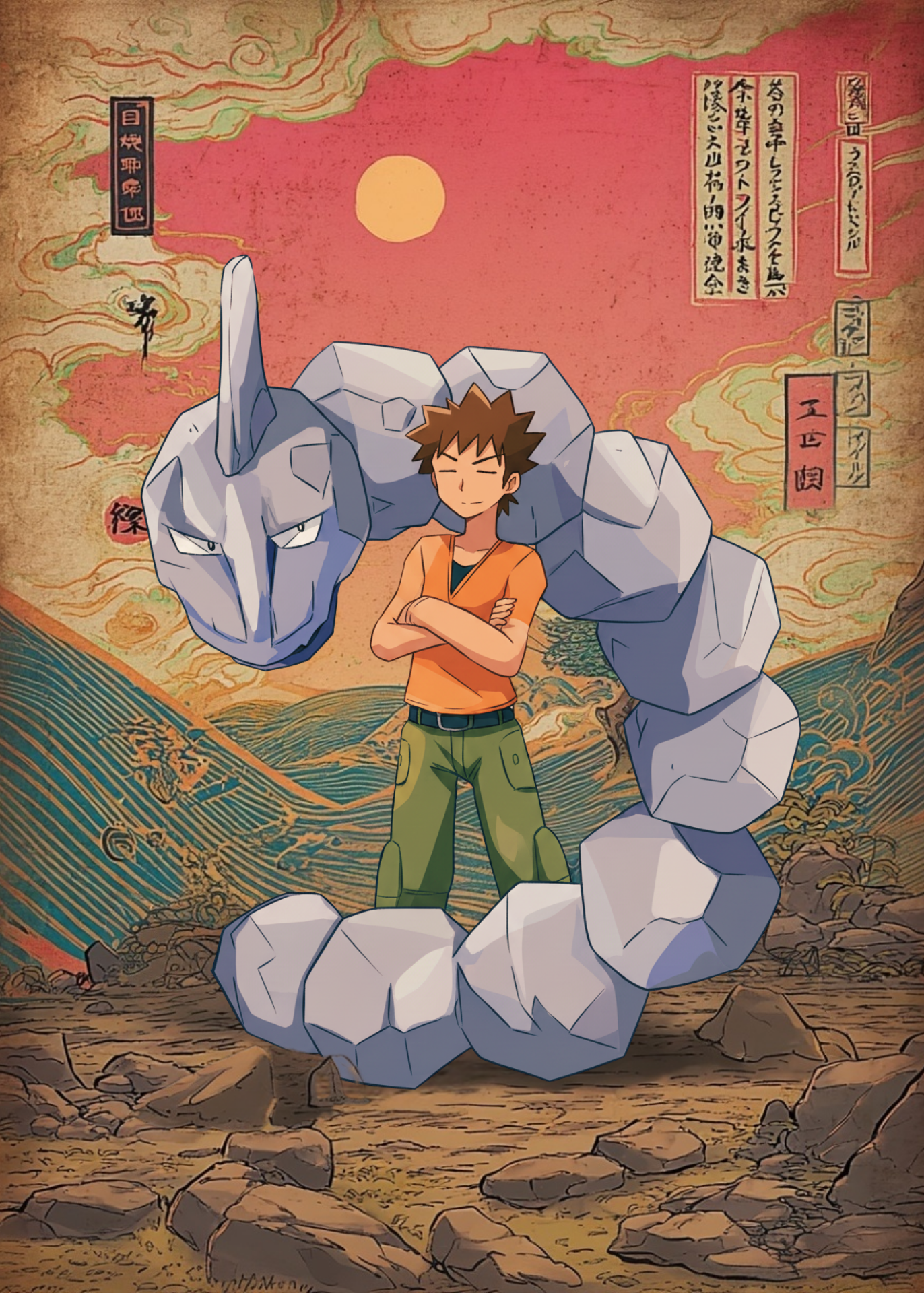 Brock and Onix Pokemon with a stylized landscape in the background
