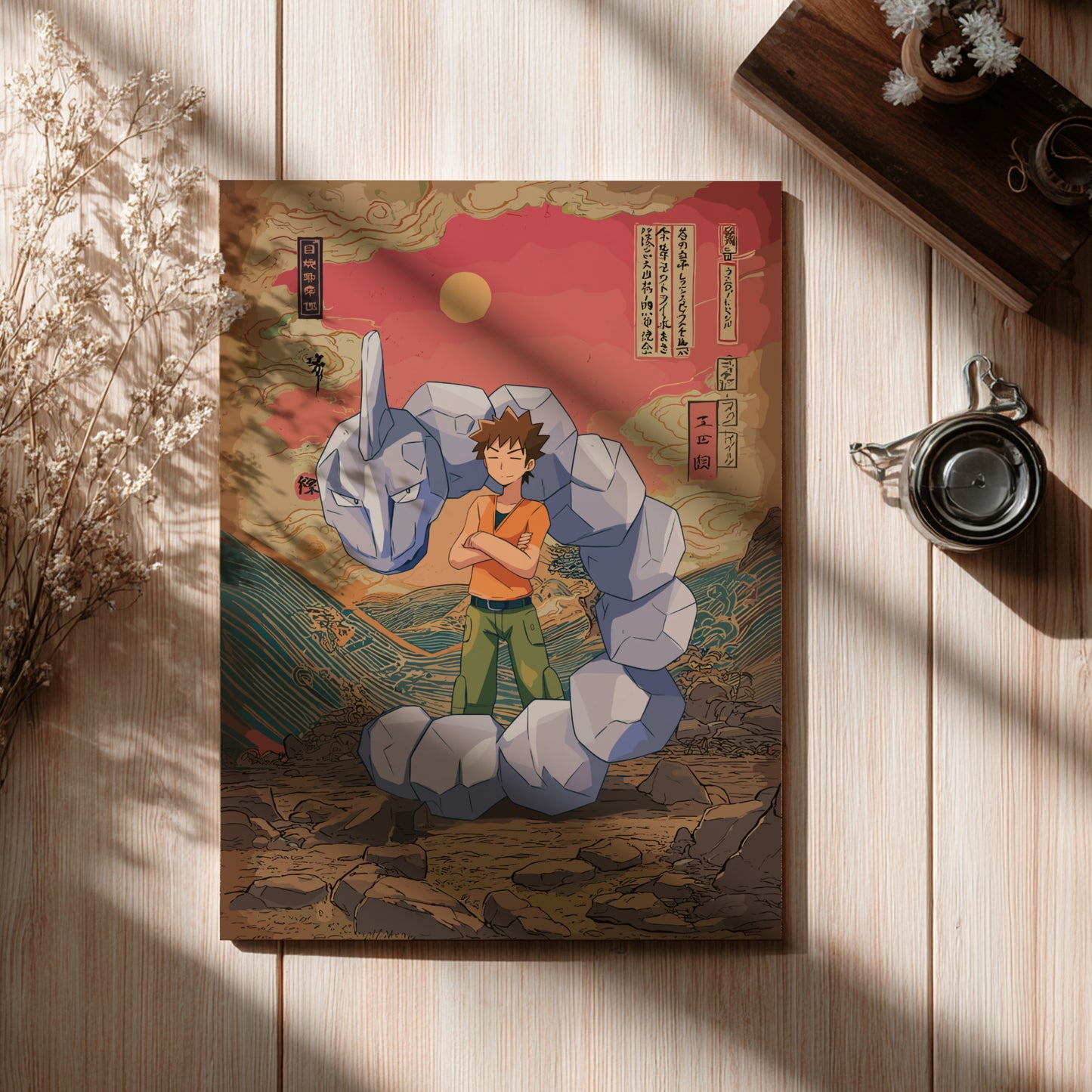 Poster with a fantasy design featuring Brock and Onix Pokemon on a wooden surface.