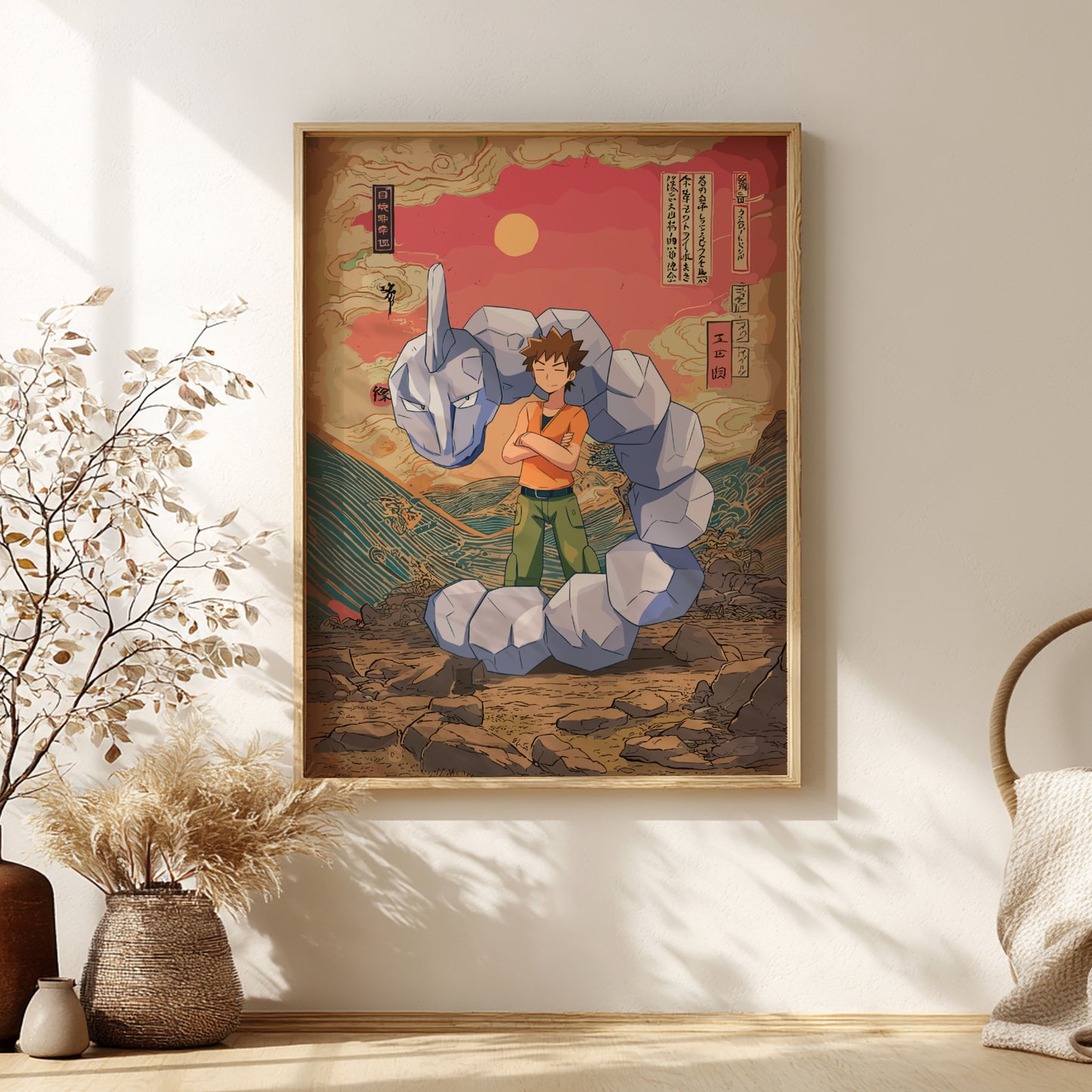 Framed artwork of Brock and Onix Pokemon on a wall in a room with decor elements.
