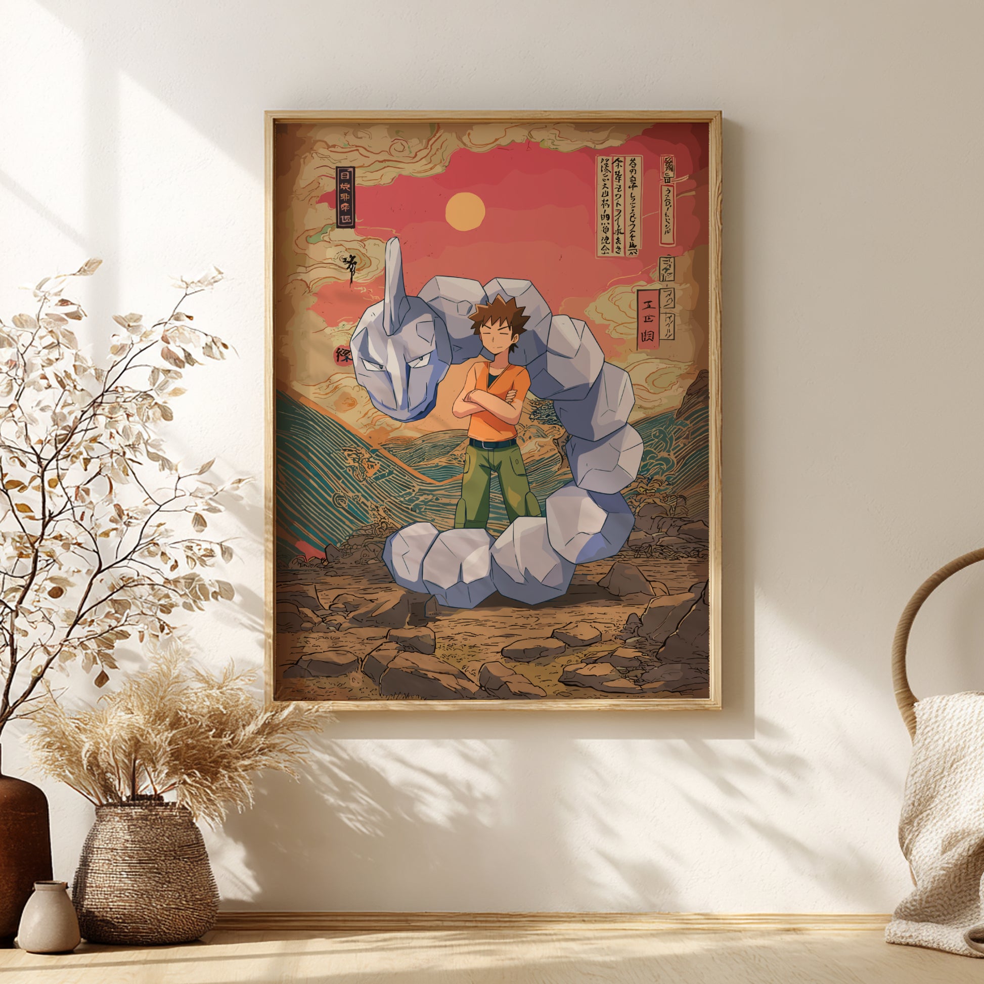 Framed artwork of Brock and Onix Pokemon on a wall in a room with decor elements.
