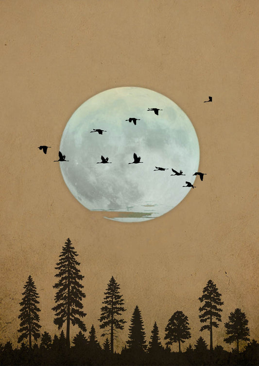 Décoration murale forêt pleine lune – Œuvre d'art bohème minimaliste