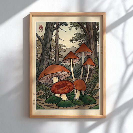 Brown Mushroom Forest Poster showcasing warm earthy tones and intricate details in Japanese art style