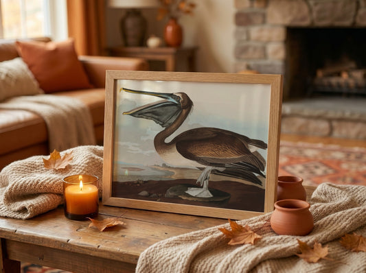 Brown Pelican poster featuring vintage Audubon art in rich colors, ideal for bird lovers and home decor.