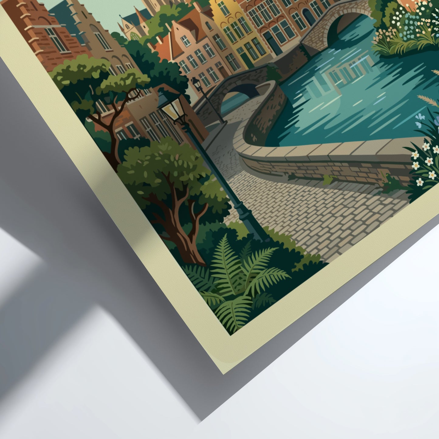 Bruges canal travel poster with Flemish architecture and arched bridges, in a vintage illustration style.