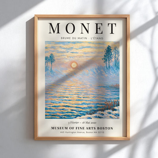 Monet inspired poster featuring a tranquil morning scene with soft blue and gold hues, perfect for home decor.