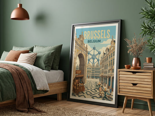 Brussels Atomium travel poster with retro style, featuring the Atomium and a waffle cart.