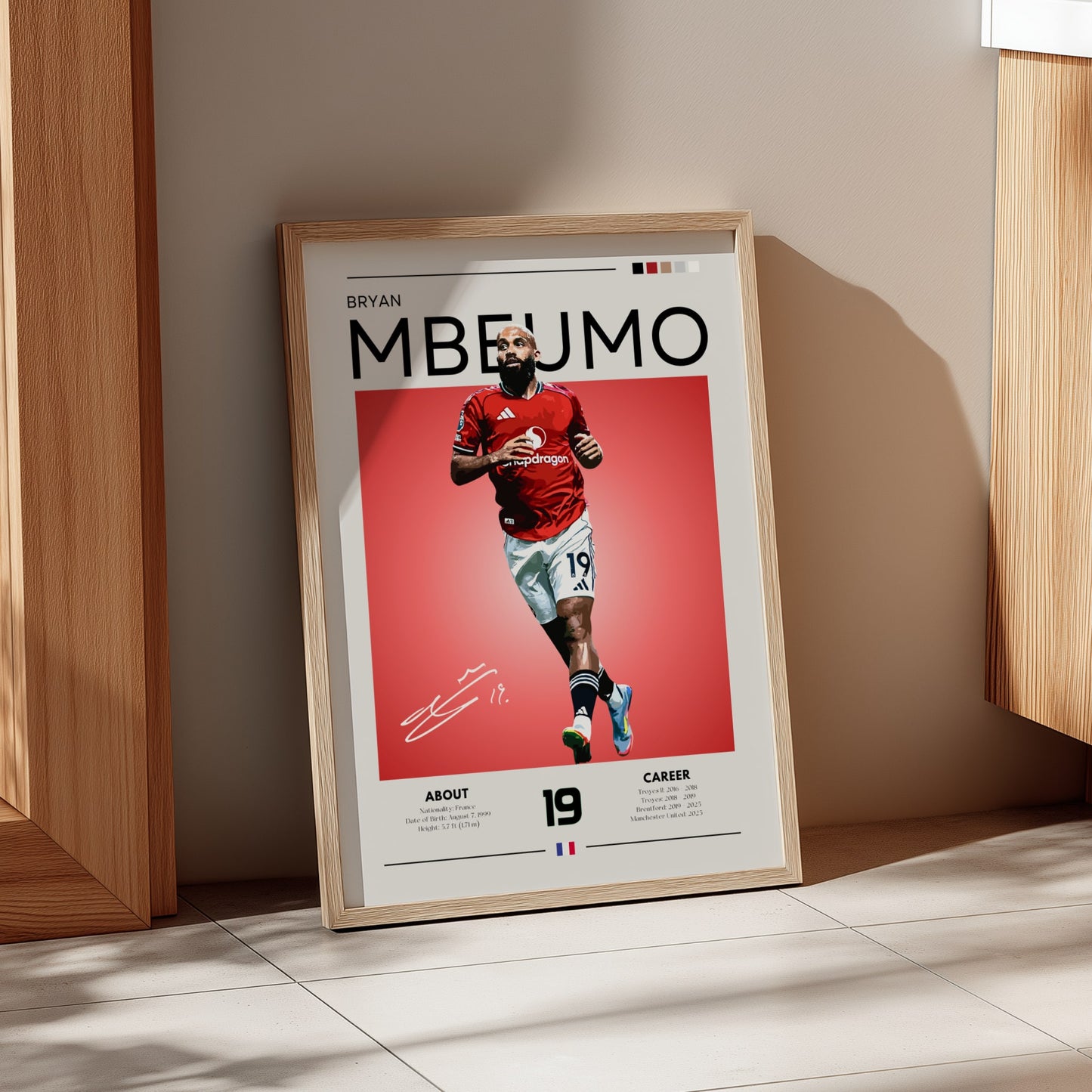 Framed sports poster of a player in a red jersey on a beige wall.