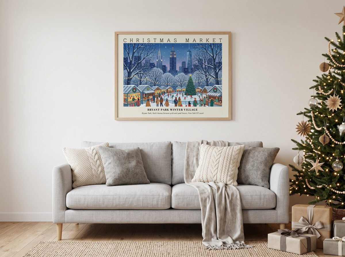 Poster featuring the Bryant Park Winter Village in New York with festive market stalls.